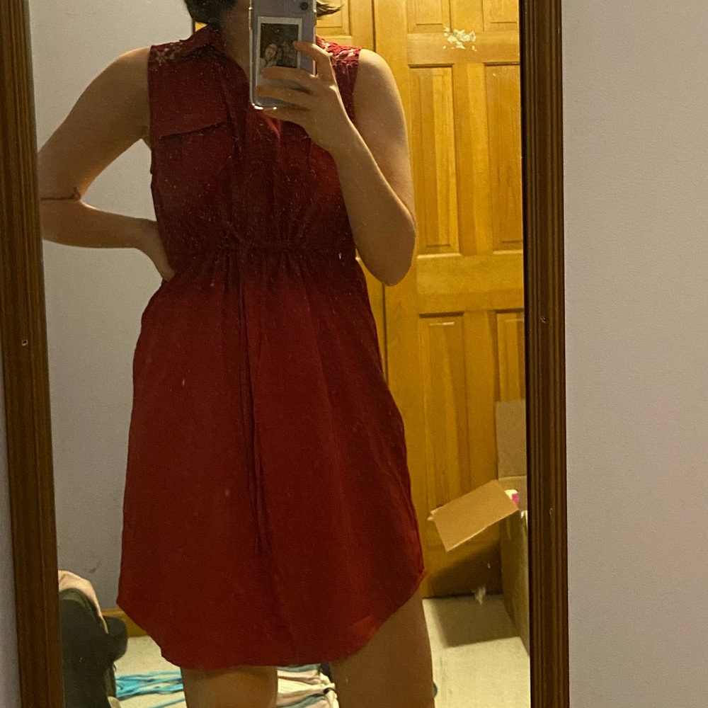 Red Button-Up Dress with Drawstring Front - Picture 2 of 2